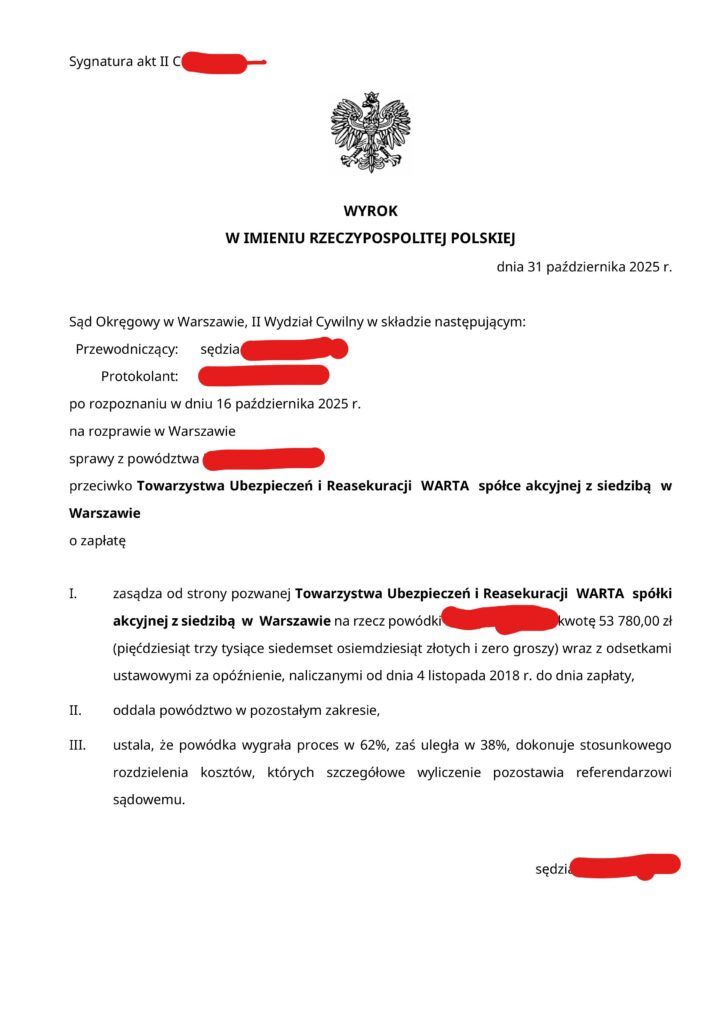 Wyrok sądowy dotyczący ubezpieczeń.